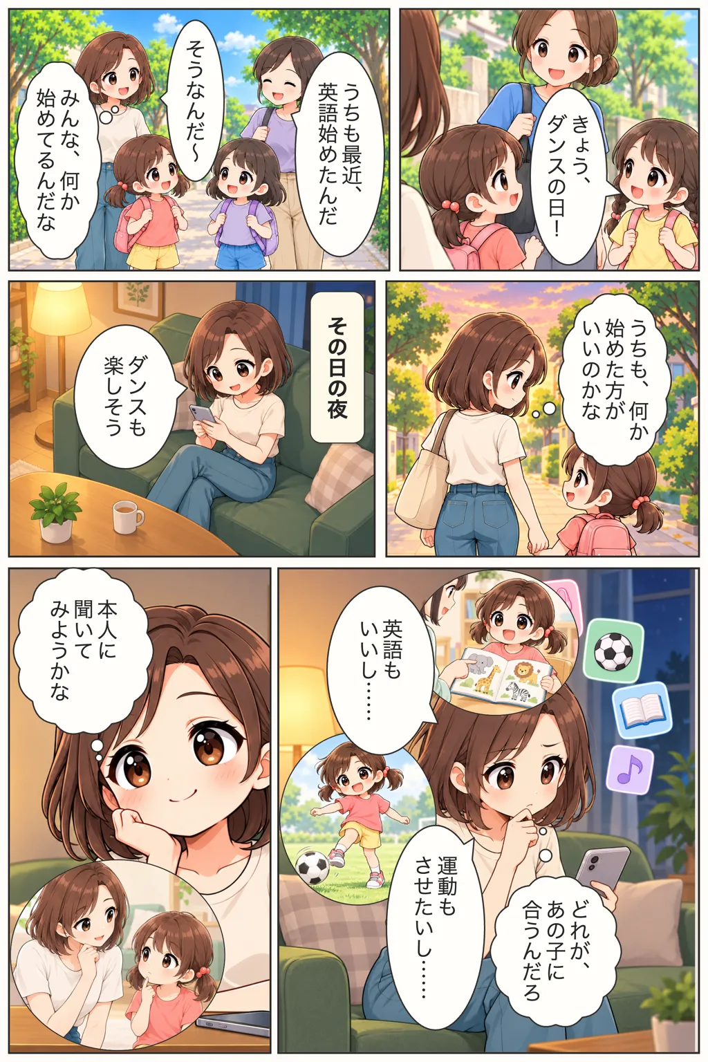 周りの子どもたちがさまざまな習い事を始める中、母親が自分の子どもには何が合うのか悩み始める漫画