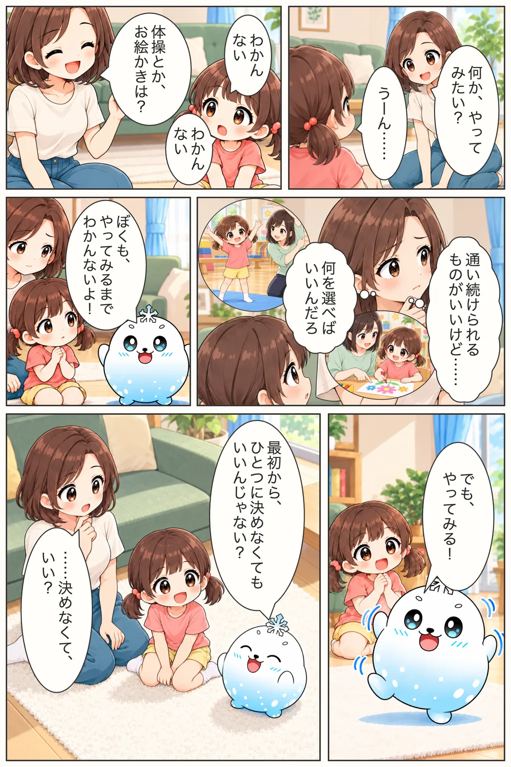 子ども自身も何をやりたいかまだ分からず、母親が習い事選びに迷う中、最初から一つに決めなくてもよいと気づく漫画
