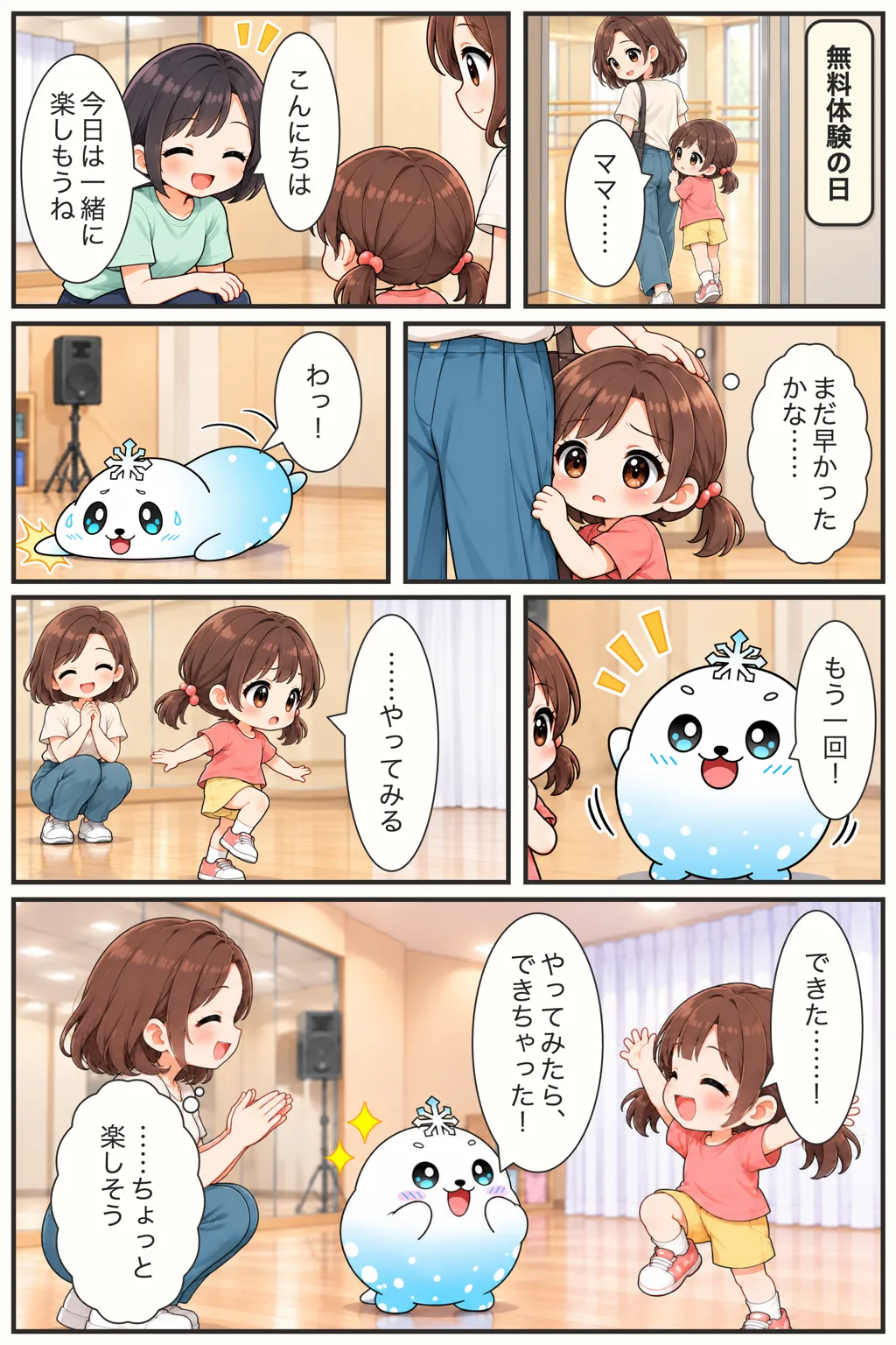 無料体験当日、最初は不安そうだった子どもが実際にレッスンへ挑戦し、楽しさを感じ始める漫画