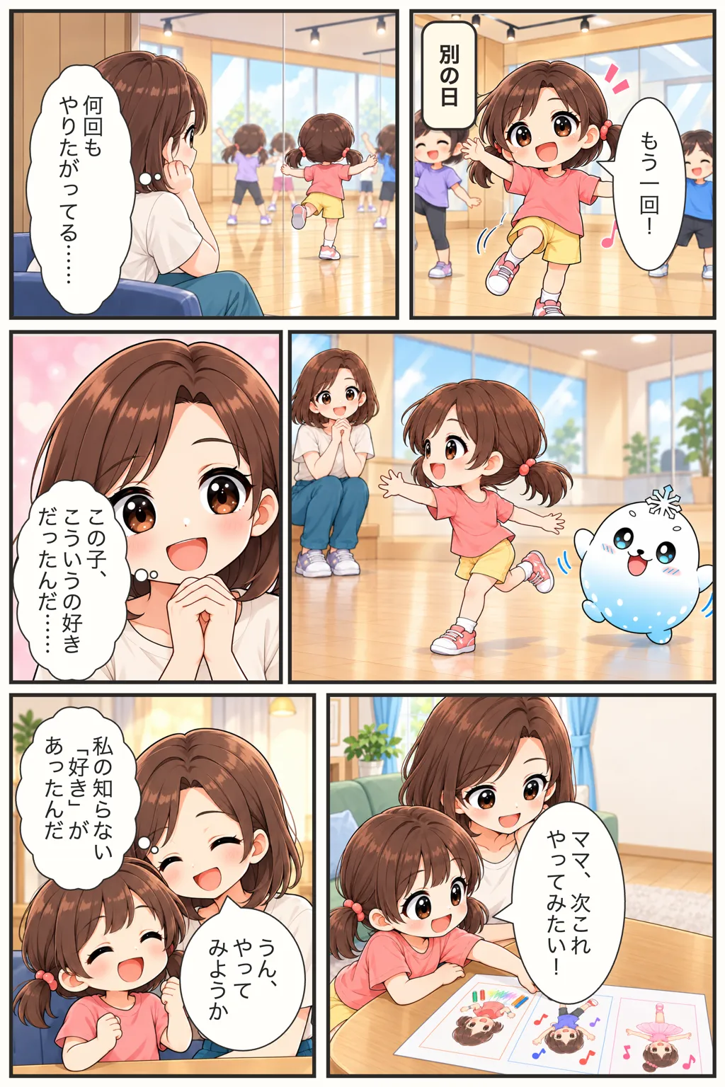 何度も挑戦する中で、子ども自身が自分の好きなことに気づき、次もやってみたいと話す漫画