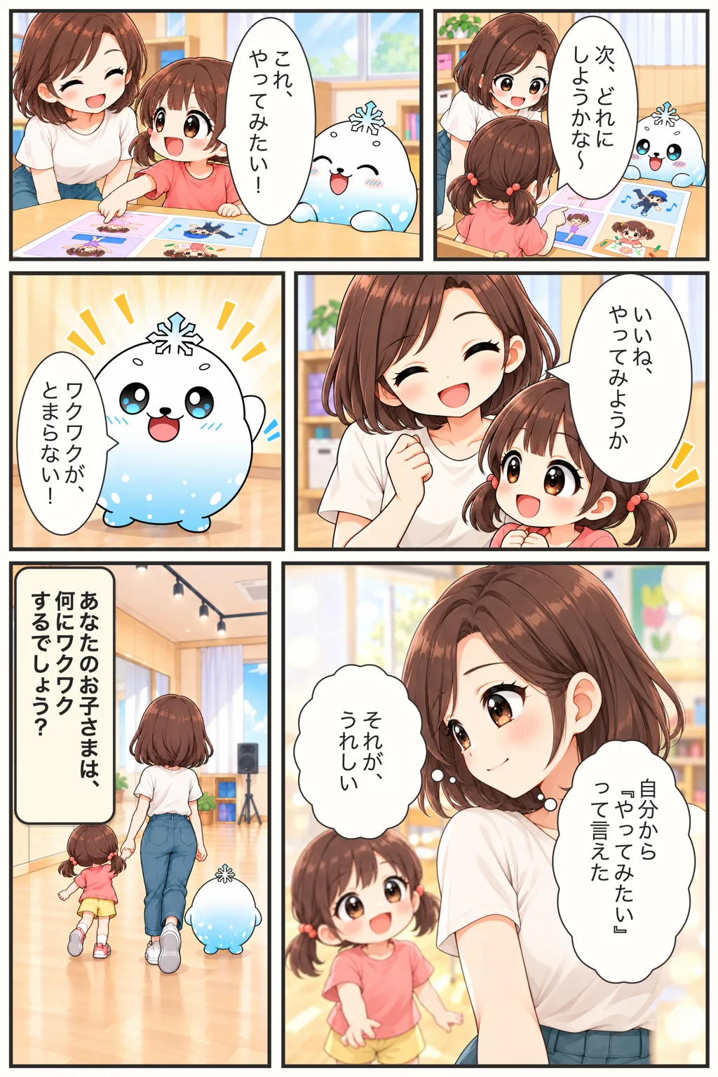 子どもが次にやりたいことを自分で選び、母親もその成長を喜ぶ漫画の締めくくり